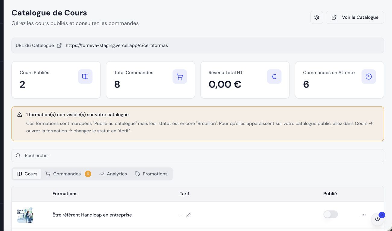 Portail apprenant avec les contenus de formation dans Formiva